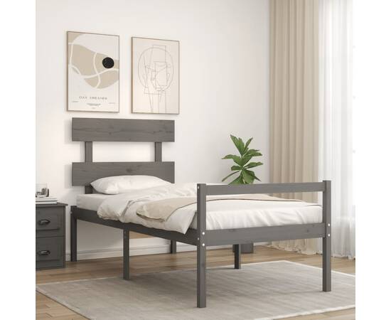 Cadru de pat cu tăblie, gri, 100x200 cm, lemn masiv, 3 image