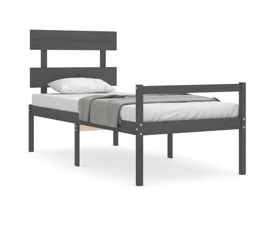 Cadru de pat cu tăblie, gri, 100x200 cm, lemn masiv, 2 image
