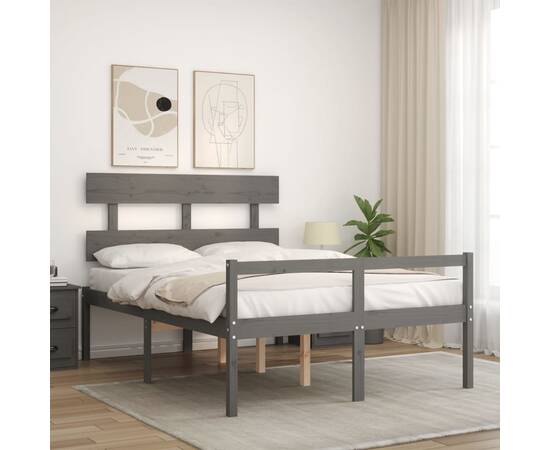 Cadru de pat cu tăblie, gri, lemn masiv, dublu 4ft6, 3 image