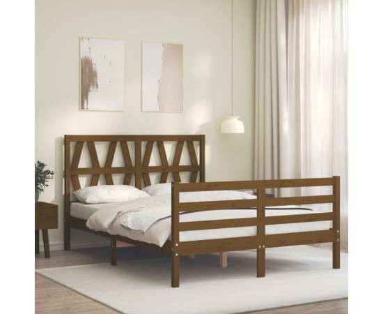 Cadru de pat cu tăblie 4ft, dublu mic, maro miere, lemn masiv, 3 image
