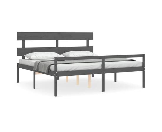 Cadru de pat cu tăblie 6ft super king, gri, lemn masiv, 2 image