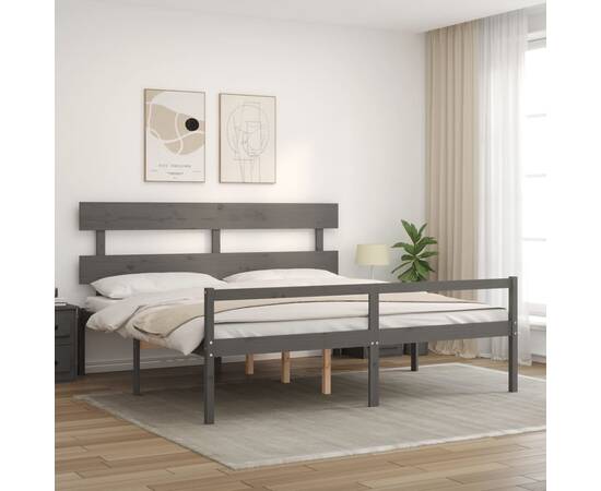 Cadru de pat cu tăblie 6ft super king, gri, lemn masiv, 3 image
