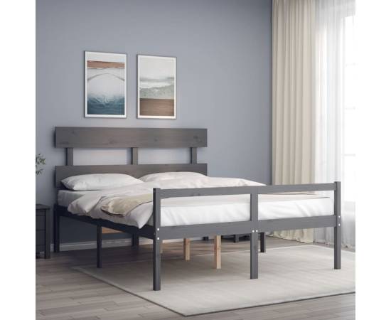 Cadru de pat cu tăblie, gri, lemn masiv, 5ft king