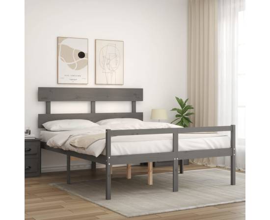 Cadru de pat cu tăblie, gri, lemn masiv, 5ft king, 3 image