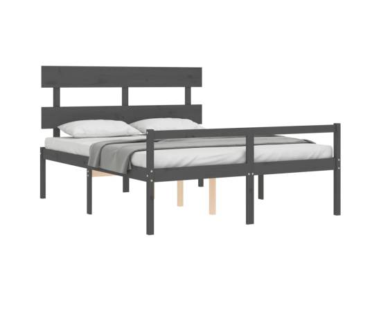Cadru de pat cu tăblie, gri, lemn masiv, 5ft king, 4 image