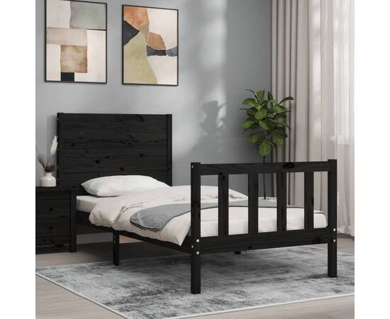 Cadru de pat cu tăblie 2ft6 small single, negru, lemn masiv, 3 image