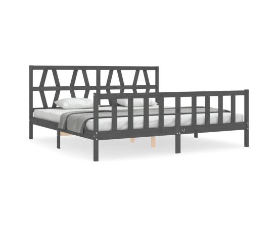 Cadru pat cu tăblie 200x200 cm, gri, lemn masiv, 2 image