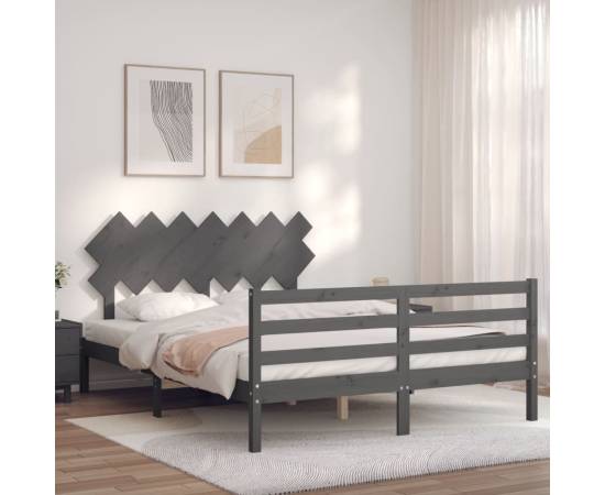Cadru de pat cu tăblie, gri, 140x190 cm, lemn masiv