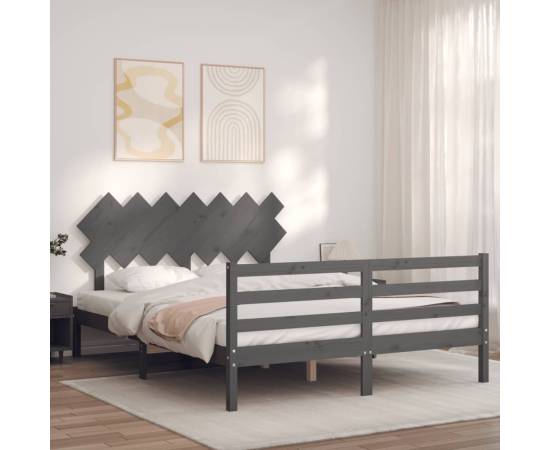 Cadru de pat cu tăblie, gri, 140x190 cm, lemn masiv, 3 image