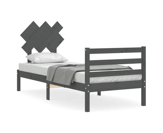 Cadru de pat cu tăblie, gri, 90x200 cm, lemn masiv, 2 image