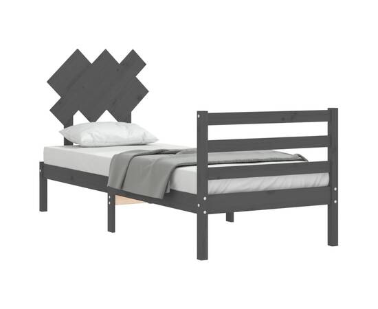 Cadru de pat cu tăblie, gri, 90x200 cm, lemn masiv, 4 image