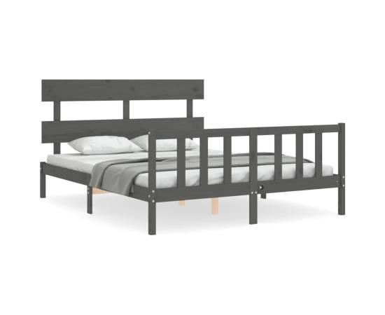 Cadru de pat cu tăblie, gri, lemn masiv, king size 5ft, 2 image