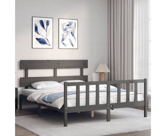 Cadru de pat cu tăblie, gri, lemn masiv, king size 5ft, 3 image