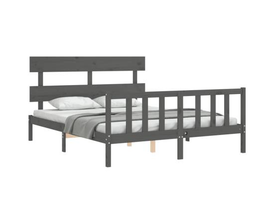 Cadru de pat cu tăblie, gri, lemn masiv, king size 5ft, 4 image