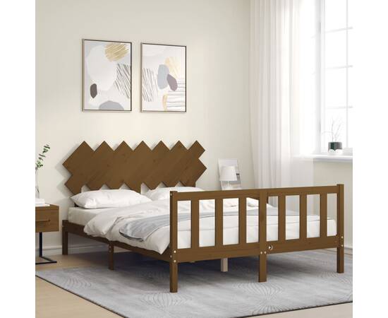 Cadru de pat cu tăblie, maro miere, lemn masiv, king size 5ft, 3 image