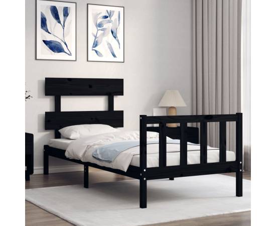 Cadru de pat cu tăblie 3ft, single, negru, lemn masiv, 3 image