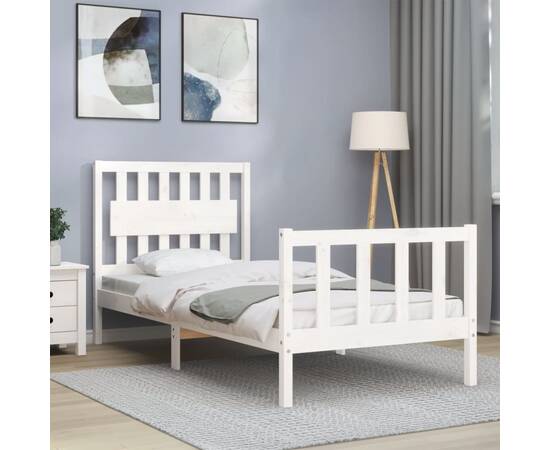 Cadru de pat cu tăblie 3ft, single, alb, lemn masiv, 4 image