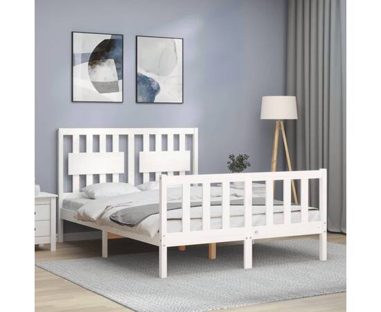 Cadru de pat cu tăblie, 140x190 cm, alb, lemn masiv, 4 image
