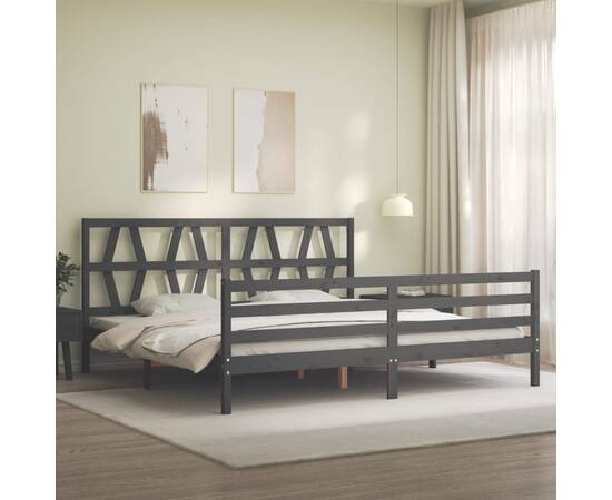 Cadru pat cu tăblie 200x200 cm, gri, lemn masiv, 3 image