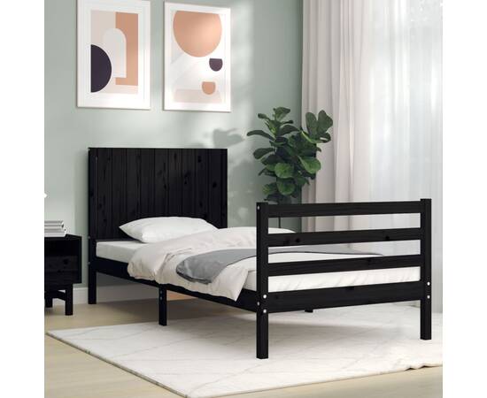 Cadru de pat cu tăblie, negru, 90x200 cm, lemn masiv, 3 image