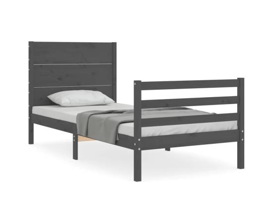 Cadru de pat cu tăblie, gri, 90x200 cm, lemn masiv, 2 image