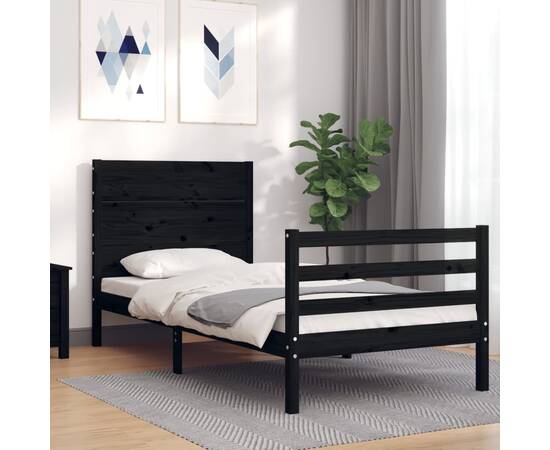 Cadru de pat cu tăblie, negru, 90x200 cm, lemn masiv, 3 image