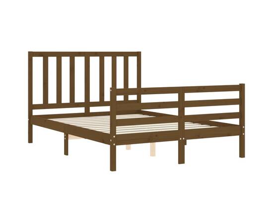 Cadru de pat cu tăblie 4ft, dublu mic, maro miere, lemn masiv, 5 image