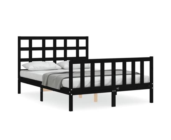 Cadru de pat cu tăblie 4ft, dublu mic, negru, lemn masiv, 2 image
