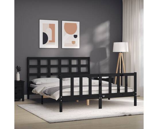 Cadru de pat cu tăblie, negru, lemn masiv, king size 5ft, 4 image