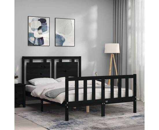 Cadru de pat cu tăblie 4ft, dublu mic, negru, lemn masiv, 3 image