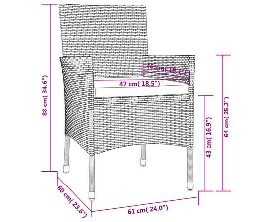 Set mobilier de grădină cu perne, 3 piese, negru, poliratan, 9 image