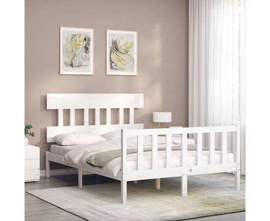 Cadru de pat cu tăblie, alb, 140x200 cm, lemn masiv, 3 image