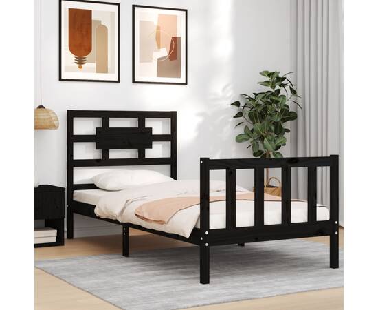 Cadru de pat cu tăblie, negru, 100x200 cm, lemn masiv, 4 image