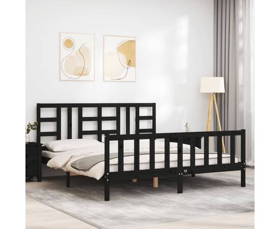 Cadru de pat cu tăblie, negru, 180x200 cm, lemn masiv, 3 image