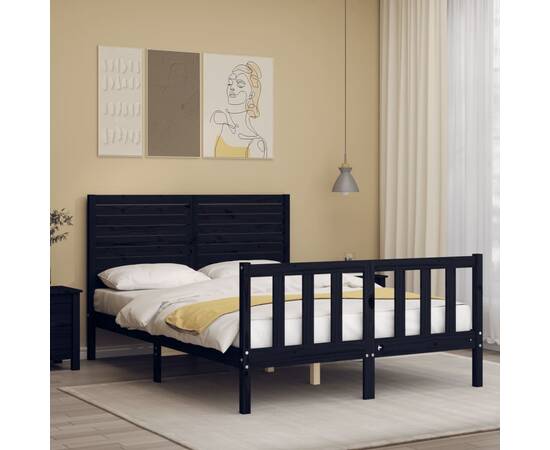 Cadru de pat cu tăblie, negru, 140x190 cm, lemn masiv, 3 image