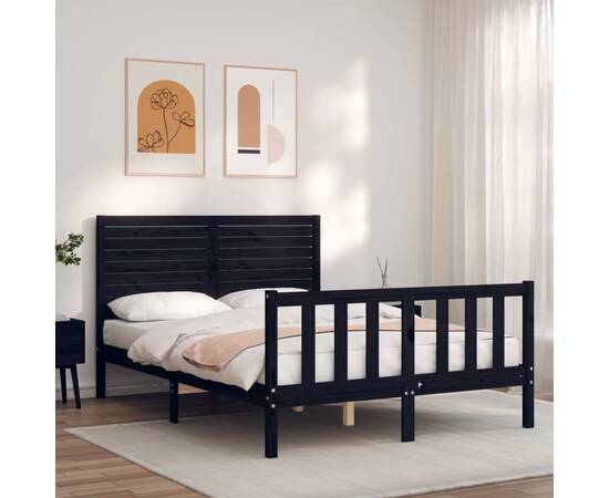 Cadru de pat cu tăblie, negru, 140x190 cm, lemn masiv