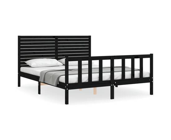 Cadru de pat cu tăblie, negru, lemn masiv, king size 5ft, 2 image