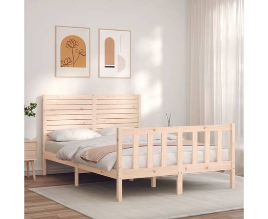 Cadru de pat cu tăblie 4ft, dublu mic, lemn masiv