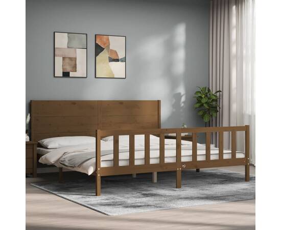 Cadru pat cu tăblie, maro miere, 200x200 cm, lemn masiv, 3 image