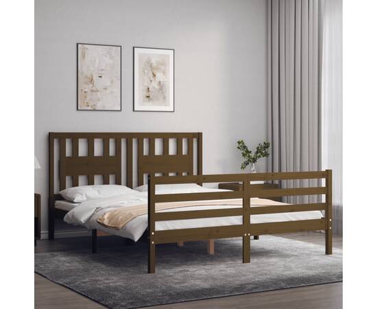 Cadru de pat cu tăblie, maro miere, lemn masiv, king size 5ft, 3 image