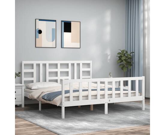 Cadru de pat cu tăblie, alb, 180x200 cm, lemn masiv