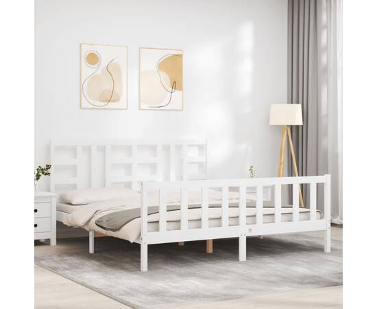Cadru de pat cu tăblie, alb, 180x200 cm, lemn masiv, 3 image
