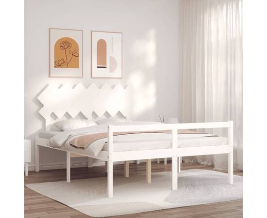 Cadru de pat cu tăblie, alb, lemn masiv, 5ft king