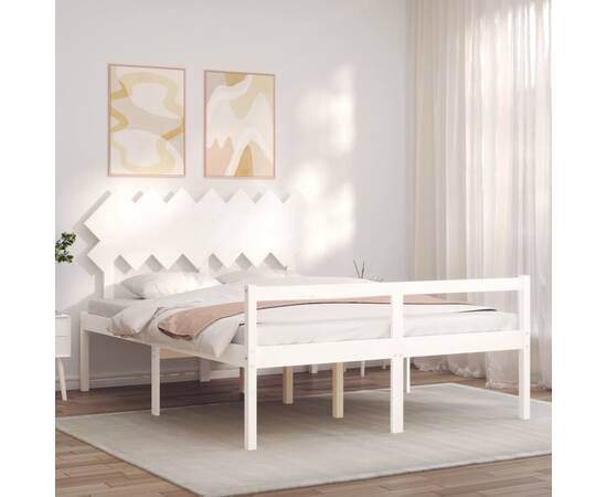 Cadru de pat cu tăblie, alb, lemn masiv, 5ft king, 3 image