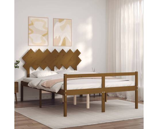 Cadru de pat cu tăblie, maro miere, lemn masiv, 5ft king, 3 image