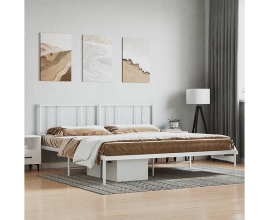 Cadru de pat metalic cu tăblie, alb, 200x200 cm, 4 image