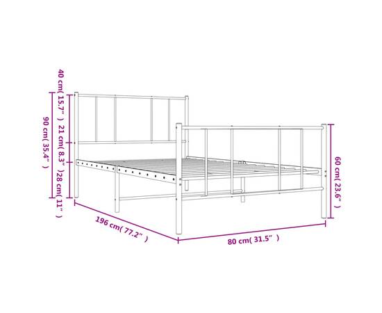 Cadru de pat metalic cu tăblie de cap/picioare, alb, 75x190 cm, 10 image