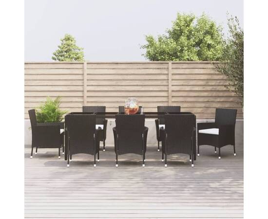 Set mobilier de grădină cu perne, 9 piese, negru, poliratan