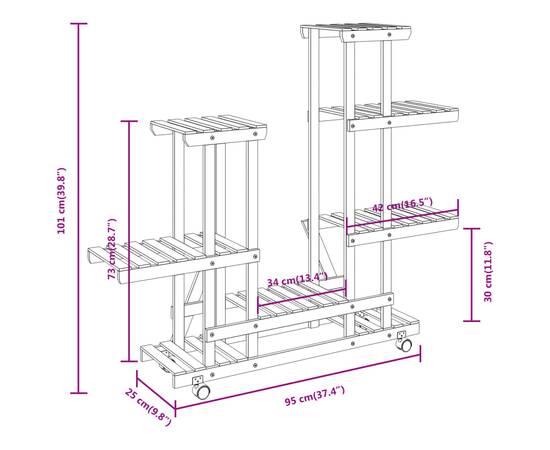 Suport pentru flori cu roți, 95x25x101 cm, lemn masiv de brad, 8 image