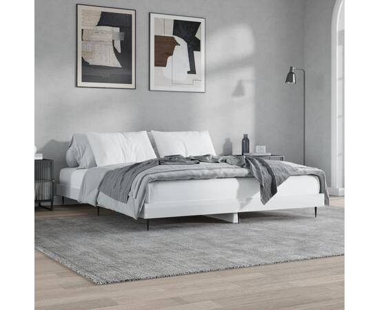 Cadru de pat, alb extralucios, 160x200 cm, lemn prelucrat, 4 image